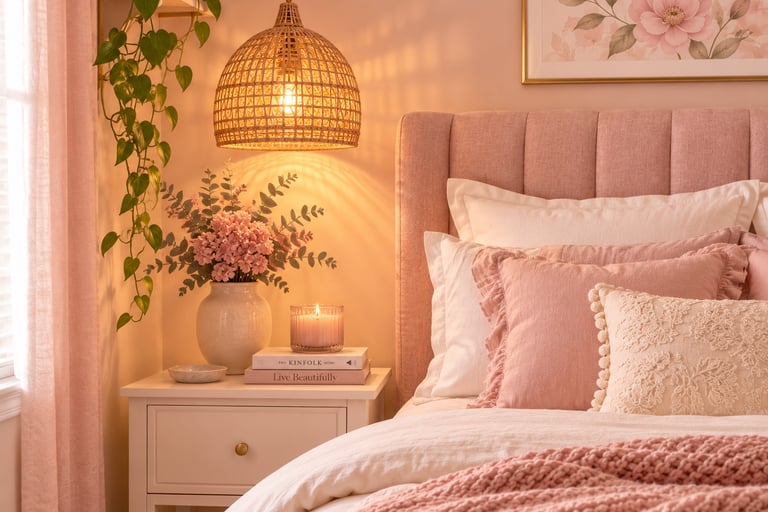 pastel bedroom pendant light ideas with rattan lamp creating warm golden light above nightstand