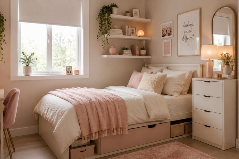 small girly bedroom ideas with space saving furniture and floating shelves