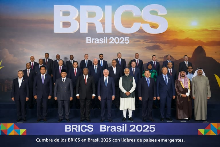 World leaders posing for a group photo at the BRICS Brasil 2025 summit of emerging economies.