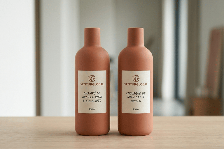 Two terracotta bottles of VenturGlobal red clay shampoo and conditioner on a wooden table.