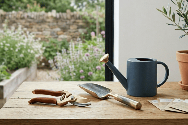 Gardening tools including brass secateurs, trowel, and a blue watering can on a rustic wooden table.