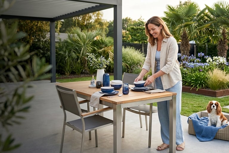 A woman sets a modern outdoor dining table on a patio under a pergola next to her dog.