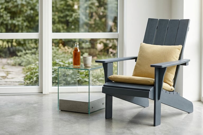 Modern grey Adirondack chair with yellow pillows and a glass side table in a bright sunroom.