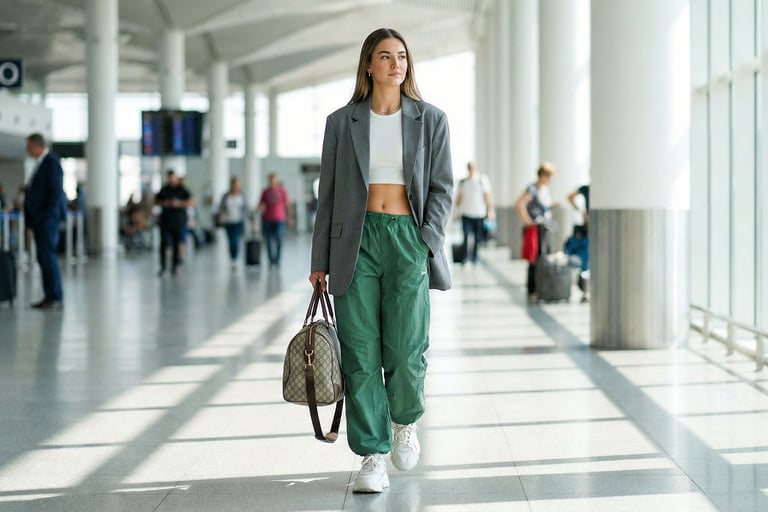 Stylish woman walking in an airport terminal wearing a celebrity-inspired athleisure outfit .