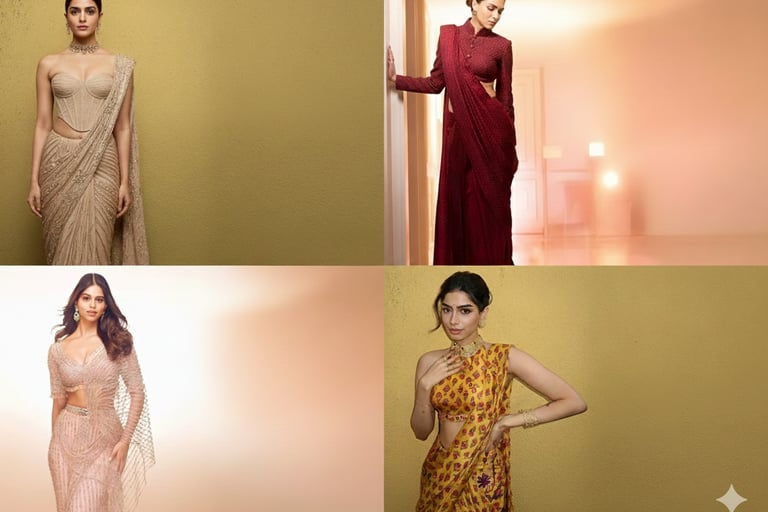 High-fashion pre-draped saree paired with a structured corset blouse, showcasing the Modern Indian S