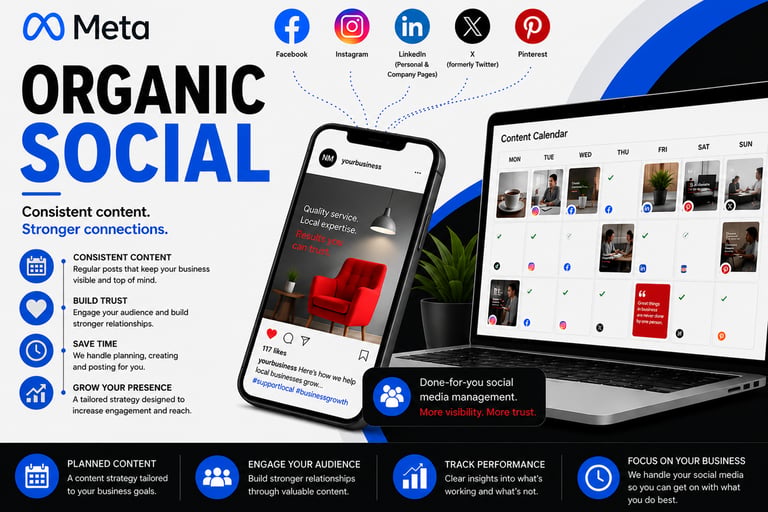 An image promoting "Organic Social" services, displaying a laptop with a content calendar, a smartphone showing an Instagram