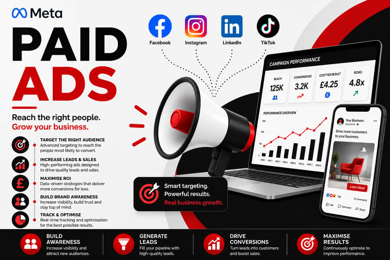 Infographic showing Meta paid ads strategies for social media marketing with analytics charts and a megaphone.