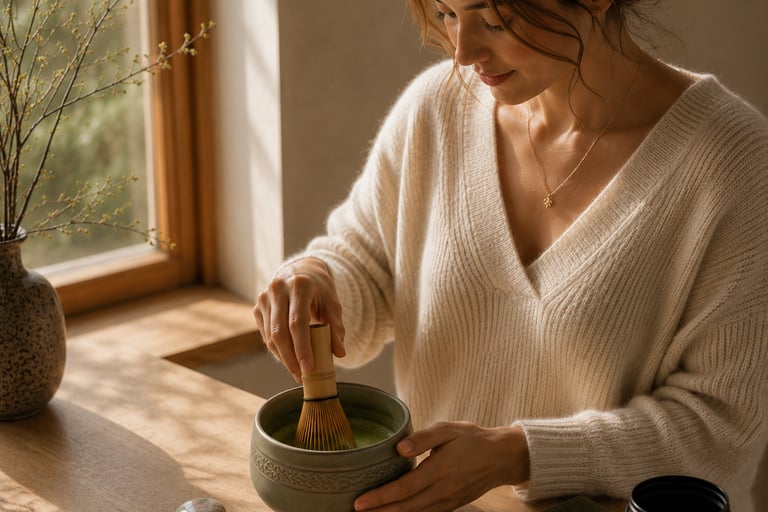 Preparing matcha with a bamboo whisk during a calm and intentional morning ritual.