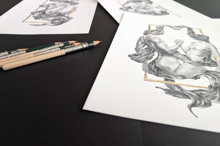 Plan rapproché d’un prints A4 avec crayons graphite éparpillés, ambiance studio artistique