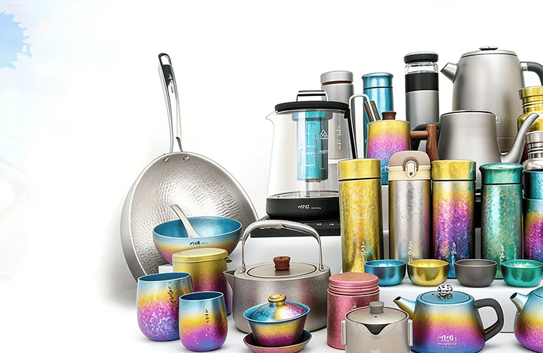 Custom anodized colorful titanium coffee mug, showcasing a vibrant iridescent metallic finish.