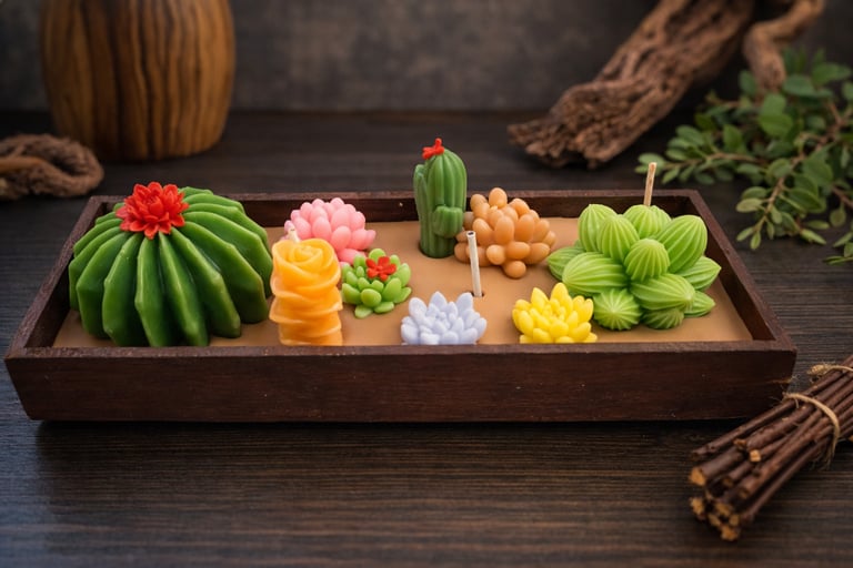 Handmade colorful cactus and succulent shaped candles in a rustic wooden decorative tray.
