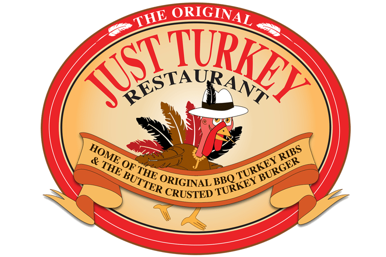 Just Turkey Restaurant logo featuring a cartoon turkey in a hat, famous for BBQ turkey ribs and burgers.