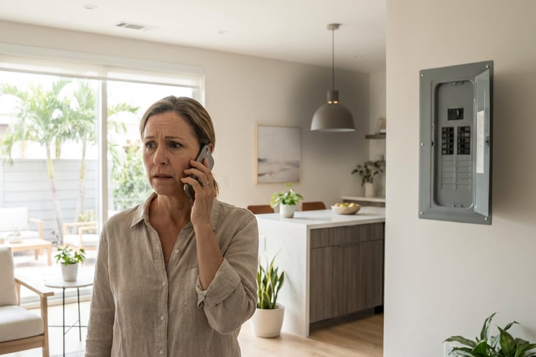 Concerned homeowner in a bright, modern Southwest Florida home calling an electrical company