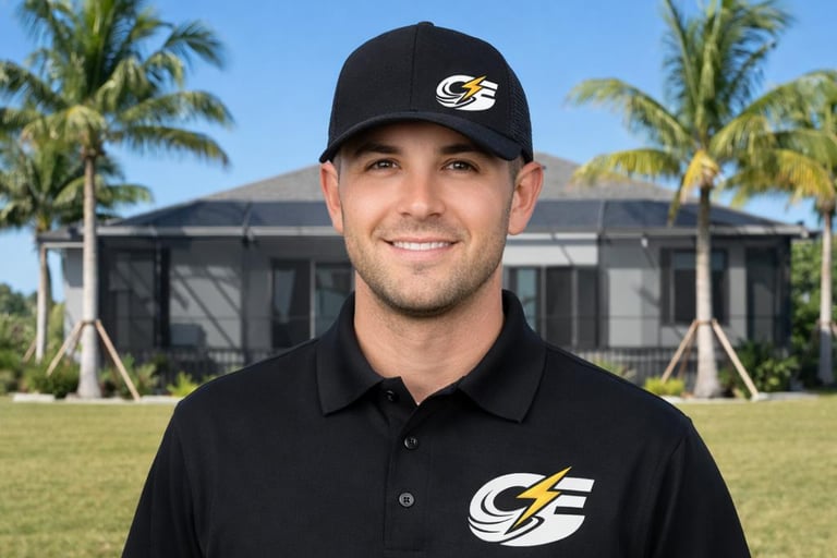 Caloosa Electric electrician smiling in uniform outside a modern Southwest Florida Home