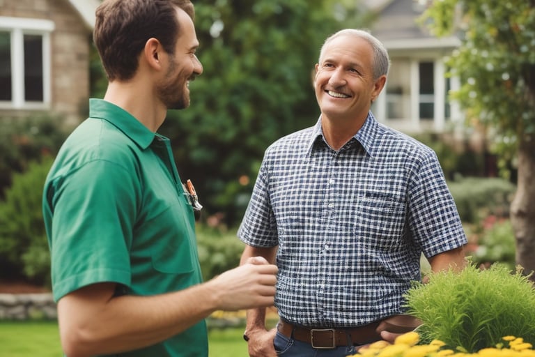T&L Lawn Care employee talking with a customer.