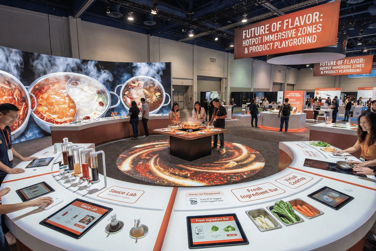 Modern hotpot immersive zone with clean white aesthetics, sleek furniture, and high-tech food display stations.