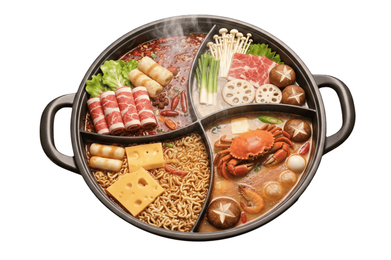 Vibrant overhead view of bubbling hotpots with fresh meats, vegetables, and dipping sauces on a dining table.