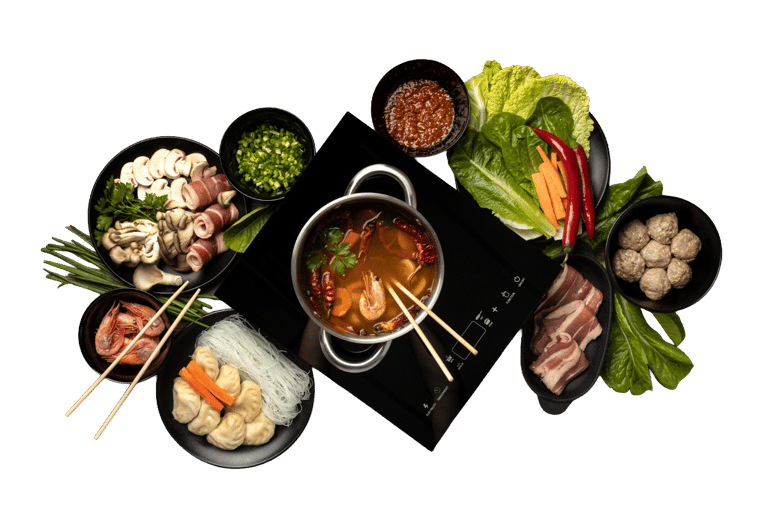 Overhead view of one spicy red mala soup.