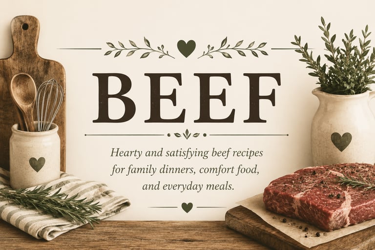 Vintage beef recipe category header with rustic farmhouse kitchen styling featuring hearty homemade 
