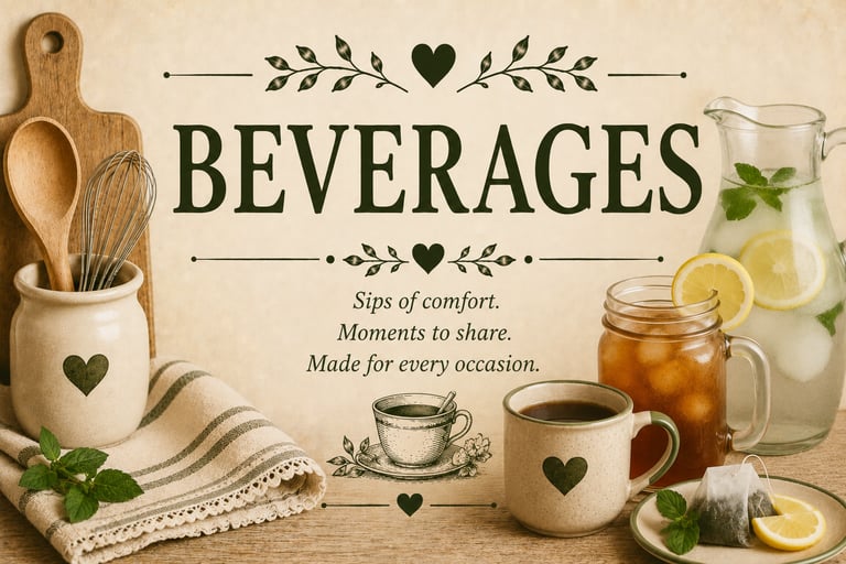 Vintage beverages recipe category header with coffee, tea, lemonade, and homemade drinks in a cozy f