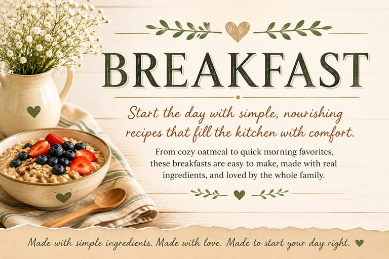 Vintage breakfast recipe category header featuring cozy farmhouse kitchen styling with simple homema
