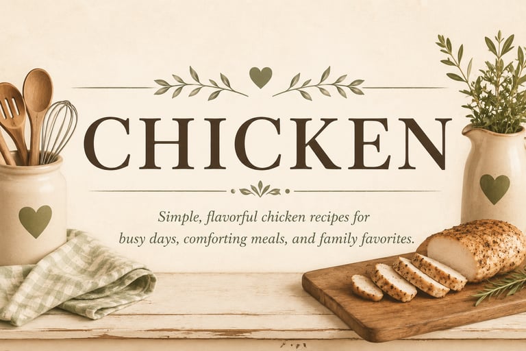 Vintage chicken recipe category header with farmhouse kitchen décor showcasing easy homemade chicken