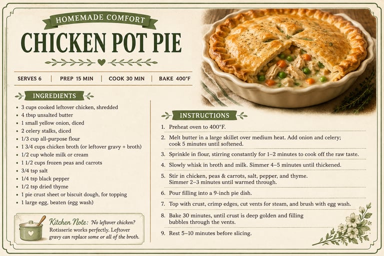 Recipe for homemade chicken pot pie with a golden crust, list of ingredients, and cooking instructions.