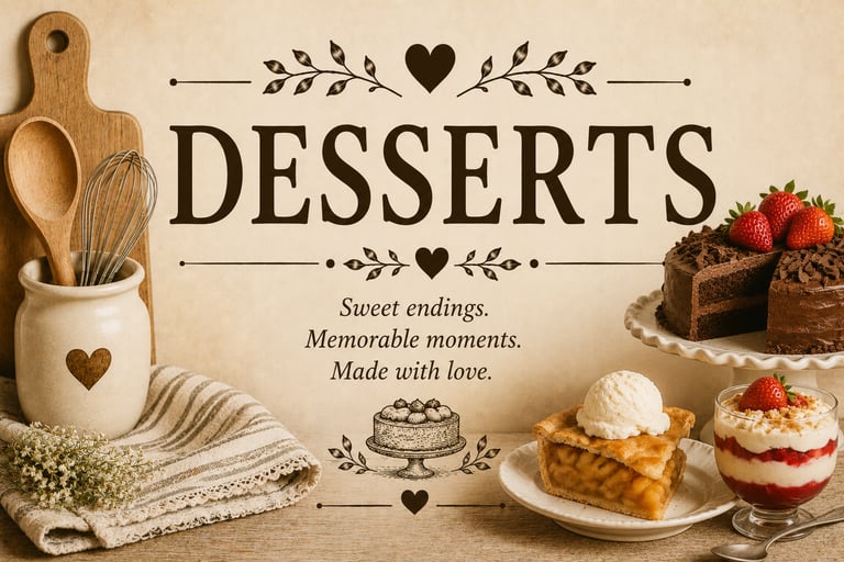 Vintage dessert recipe category header with homemade baked treats in a warm farmhouse kitchen settin