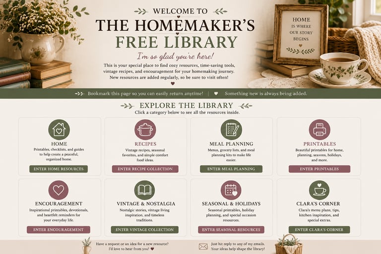 The Homemaker's Free Library website featuring vintage resources for home organization, meal planning, and recipes.