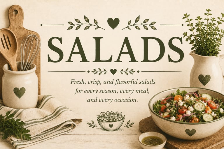 Vintage salad recipe category header with fresh vegetables and farmhouse kitchen décor highlighting 