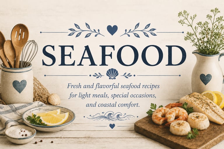 Vintage seafood recipe category header with cozy coastal farmhouse styling featuring fresh and simpl