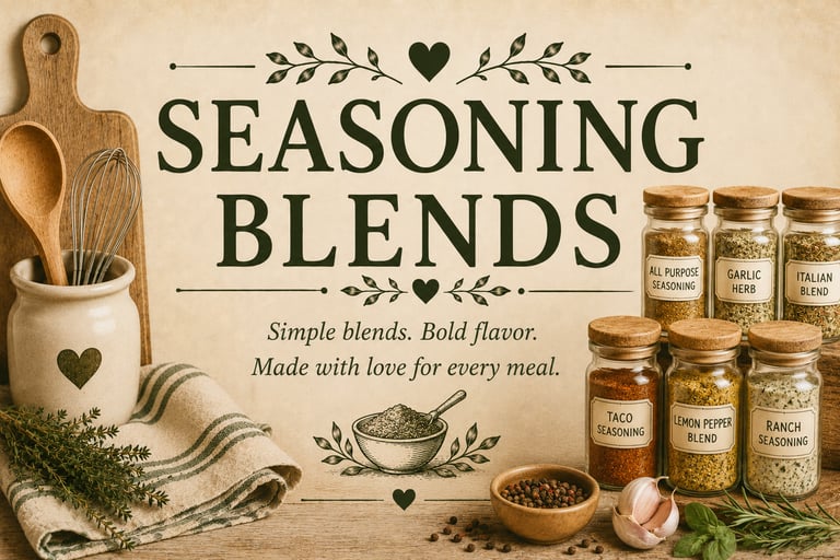 Vintage seasoning blends recipe category header with jars of herbs and spices in a cozy farmhouse ki