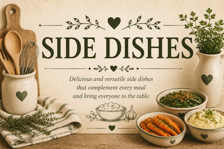 Vintage side dishes recipe category header with cozy farmhouse kitchen styling featuring simple home