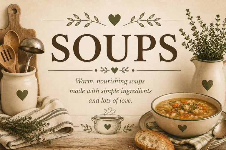 Vintage soup recipe category header with cozy farmhouse kitchen styling featuring homemade soups for