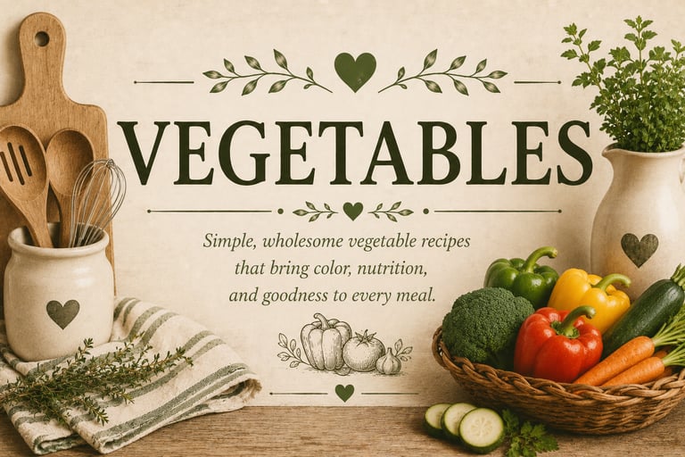 Vintage vegetable recipe category header with fresh garden produce in a warm farmhouse kitchen setti