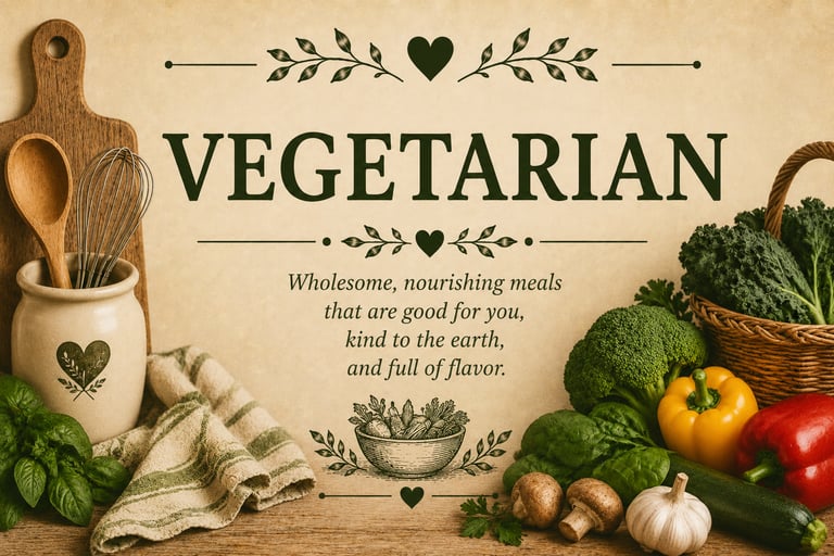 Rustic vegetarian cooking layout with fresh vegetables, kitchen utensils, and wholesome meal quote.