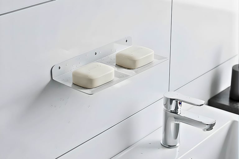 A ss dual soap dish displayed