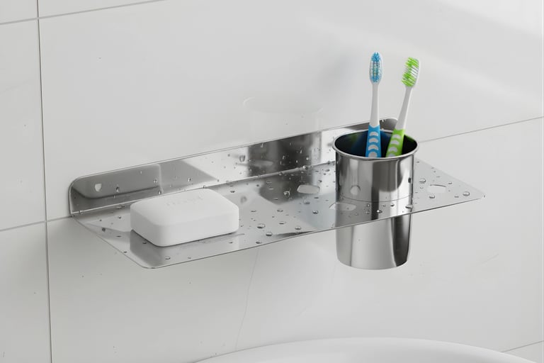 A ss soap dish with brush holder displayed