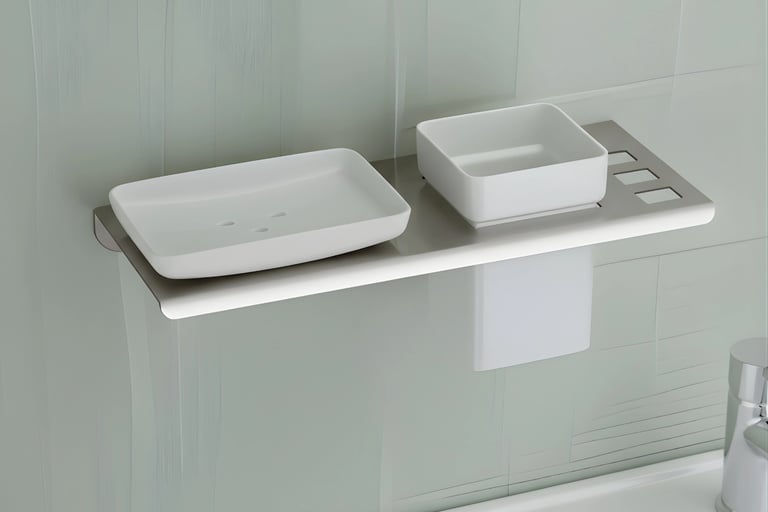 A  soap dish with brush holder displayed