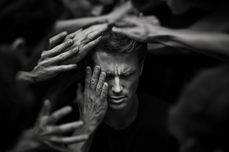 a man with his hands on his head and hands on his head