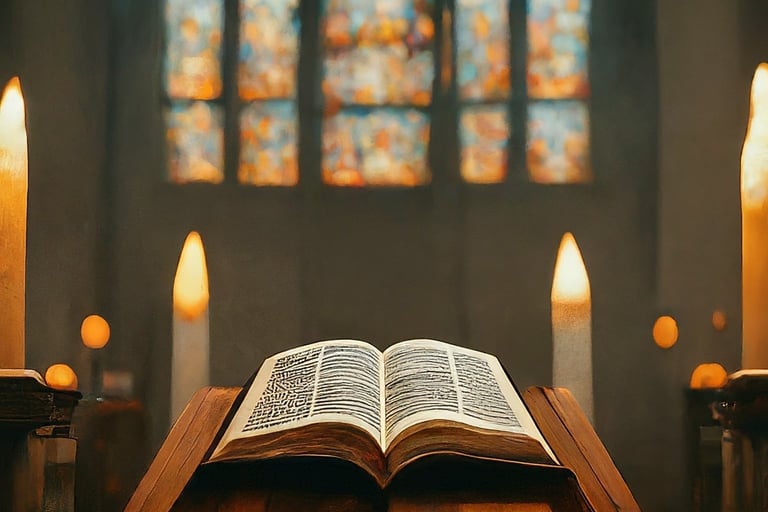 a Bible opened to show a book with candles and candles