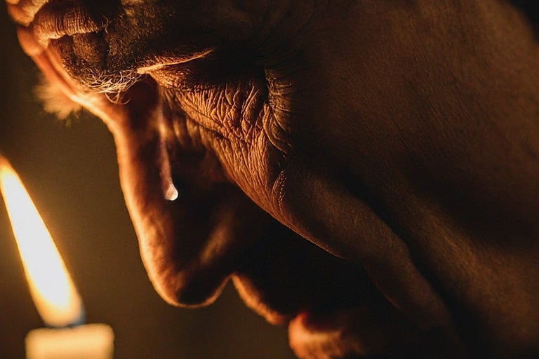 a person crying with a candle