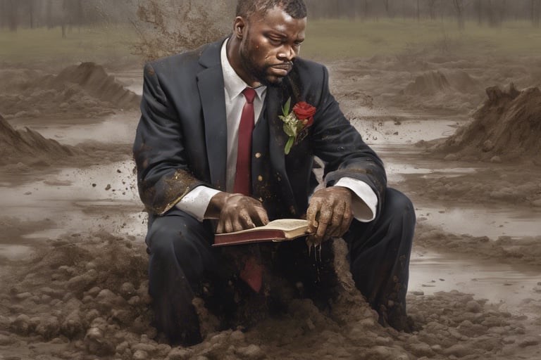 a man in a suit and tie sitting in a muddy puddle
