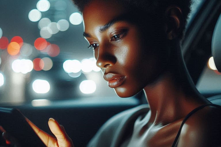 Woman sitting in car at night holding phone with emotional expression