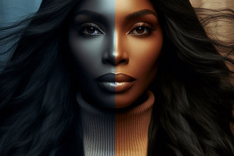 : Artistic split portrait showing emotional contrast exhaustion versus peace