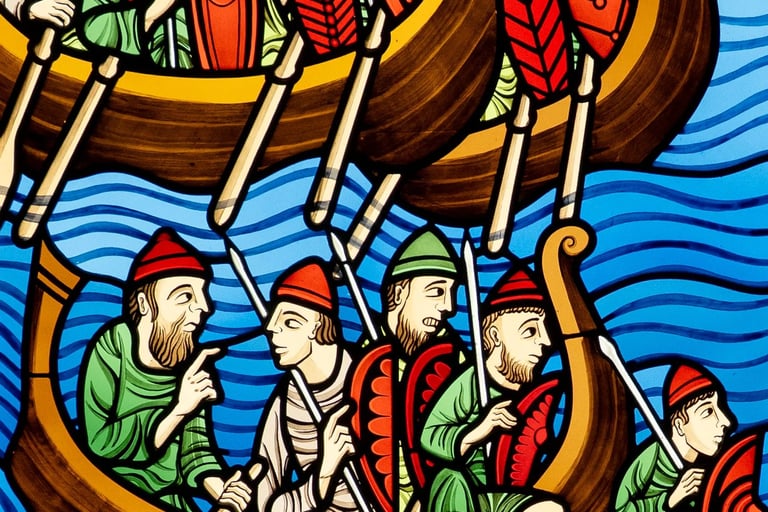 a painting of a boat with a Viking people in it