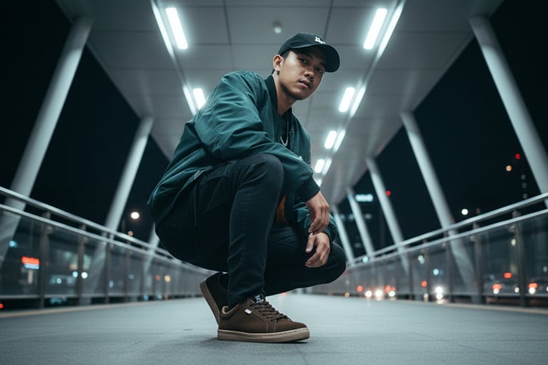 Pria mengenakan jaket hijau dan sepatu sneaker coklat berpose di jembatan kota pada malam hari, gaya streetwear modern.