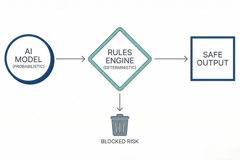 Diagram of neuro-symbolic AI architecture showing a probabilistic model filtered through a deterministic rules engine.