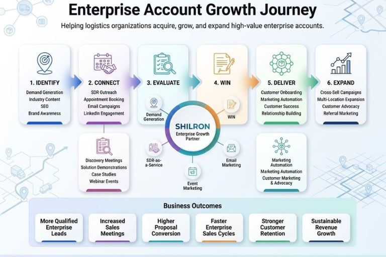 Diagram showing the six stages of the Shilron enterprise account growth journey for logistics organizations.