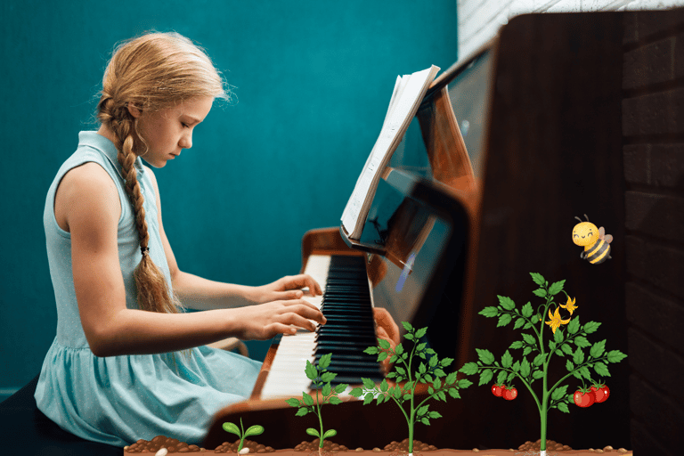 jeune fille jouant du piano, plants de tomates qui poussent et abeille qui butine